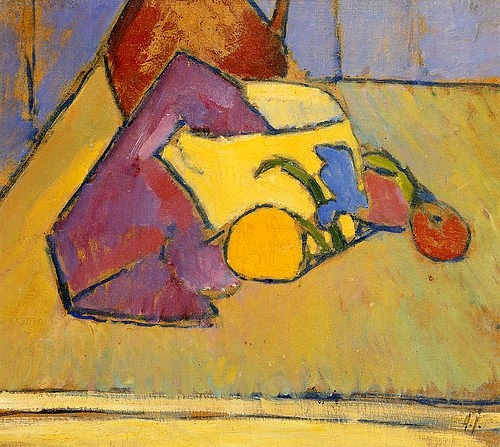 Alexej von Jawlensky, Der Gelbe Topf. 1909 (Öl/Papier,Christie's Images Ltd,Jawlensky,Alexej von,1864-1941,19. Jahrhundert,Alexej von Jawlensky,Gelbe Topf,Pot,Apfel,Stilleben,Kochen,Frucht,Obst,Impressionismus,impressionistisch,Tisch)