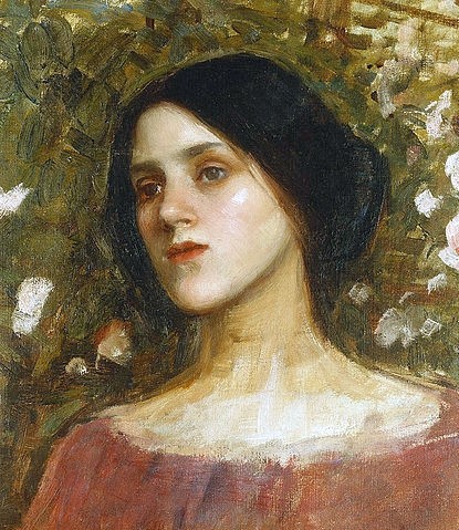 John William Waterhouse, In der Rosenlaube. (Portrait, junge Frau, Rosenlaube,  Rosen, Mädchen,  Büste, ernst, Studie,   Präraffaeliten, Klassiker, Schlafzimmer, Wohnzimmer, bunt)