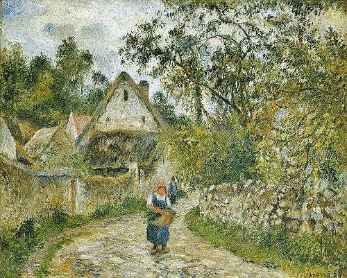 Camille Pissarro, Eine Straße in Hameau-Chaumieres, Valhermeil. 1880 (Christie's Images Ltd,Pissarro,Camille,1830-1903,Öl auf Leinwand,19. Jahrhundert,Impressionismus,Camille Pissarro,Dorf,Dorfstraße,Weg,Bäuerin auf dem Weg nach Hause,ländlich,heile Welt,idyllisch,Idylle, französischer impressionismus)
