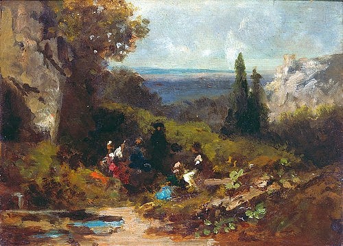 Carl Spitzweg, Wanderer in Landschaft mit Burgruine. (Spitzweg,Carl,1808-1885,Landesmuseum für Kunst und Kulturgeschichte Oldenburg,Öl/Mahagoniholz,19. Jahrhundert,Genre,Carl Spitzweg,Biedermeier,Wanderer,Rast,rasten,Landschaft,Staffagefiguren)