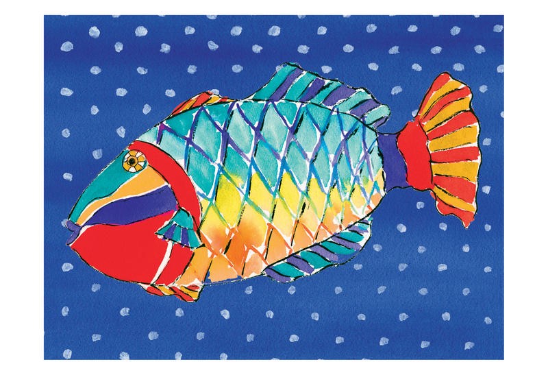 Anne Ormsby, ANGELFISH II (Fisch, Korallenfisch, Blasen, Punkte, naiv, Malerei, Wunschgröße, Wohnzimmer, Treppenhaus, Badezimmr, bunt)