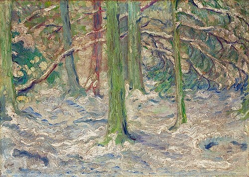 Franz Marc, Verschneiter Wald. 1909 (Marc,Franz,1880-1916,Christie's Images Ltd,Öl auf Leinwand,20. Jahrhundert,Expressionismus,Franz Marc,Blauer Reiter,Frühwerk,Winter,Schnee,Wald,Bäume,verschneit,hell,helle Farben)