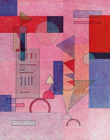 Wassily Kandinsky, Schichten. 1932 (Kandinsky,Wassily,1866-1944,Christie's Images Ltd,Öl auf Holz,20. Jahrhundert,Wassily Kandinsky,rosa,rot,Rottöne,Dreieck,Dreiecke,Halbkreis,abstrakt,Abstraktion,Bauhaus,pink,violett,lila)
