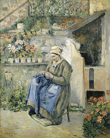 Camille Pissarro, Ungestört. 1874 (Impressionismus,19. Jahrhundert,Öl auf Leinwand,1830-1903,Pissarro,Camille,Christie's Images Ltd,Camille Pissarro ,stopfen,flicken,Frau,Schütze,handarbeiten,Handarbeit,Blumentöpfe,Innenhof,ungestört,friedlich,Hausfrau,zu Hause,Haube, französischer impress)