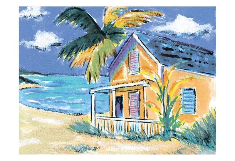 Anne Ormsby, WATERSIDE I (Meeresbrise, Meer, Strand, Sandstrand, Strandhaus, Palme, maritim, Malerei, Wunschgröße, Wohnzimmer, Treppenhaus, bunt)