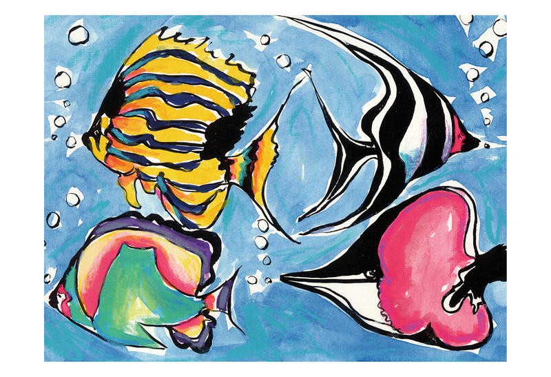 Anne Ormsby, TROPICAL FISH (Fische, Korallenfische, exotisch, Luftblasen, naiv, Malerei, Wunschgröße, Wohnzimmer, Treppenhaus, Badezimmr, bunt)