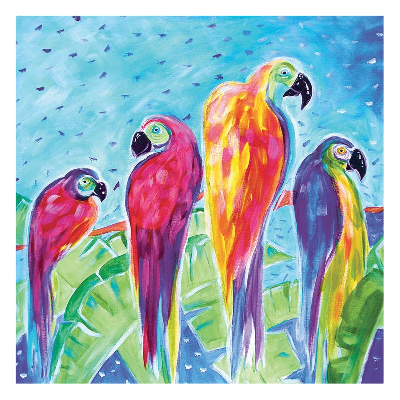 Anne Ormsby, PARROT PARADE V (Aras, Papageien, Vögel, Exotisch, Tierportrait, Malerei, Wunschgröße, Wohnzimmer, Treppenhaus, bunt)