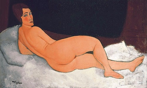 Amadeo Modigliani, Liegender Akt (auf der linken Seite). 1917 (Christie's Images Ltd,Modigliani,Amadeo,1884-1920,Öl auf Leinwand,20. Jahrhundert,Fotograf:  ? Christie's Images Ltd - ARTOTHEK,Amadeo Modigliani,Frau,Liegende,Akt,weiblicher Akt,von hinten,Bett,Blick über die Schulter,angewinkeltes Bein)