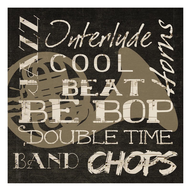 Taylor Greene, JAZZ SILHOUETTE II (Plakat, Musik, Jazz, Horn, Silhouette, Typografie, Worte, Musikschule, Treppenhaus, Wunschgröße, Grafik, sepia/schwarz)