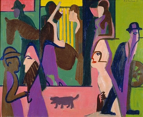Ernst Ludwig Kirchner, Straße in der Dämmerung. 1929 (Expressionismus,20. Jahrhundert,Henze & Ketterer Bern,1880-1938,Kirchner,Ernst Ludwig,Kirchner, Ernst Ludwig Kirchner,Abend,Passant,Passanten,Fußgänger,Straßenszene,Hund,Köter,Straßenköter,lila,violett,städtisch,urban)