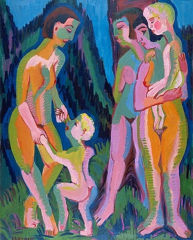Ernst Ludwig Kirchner, Drei nackte Frauen mit Kindern. 1925/1932. (Kirchner,Ernst Ludwig,Henze & Ketterer Bern,1880-1938,Mütter,Weibliche Akte,Kirchner, Ernst Ludwig 1880-1938)