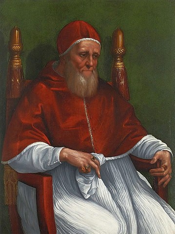 Raffael (Raffaello Sanzio), Bildnis des Papstes Julius II. 1511/12 (Städel Museum,Frankfurt am Main,Raffael (Raffaello Sanzio),1483-1520,Pappelholz,Portrait,Renaissance,Fotograf:  ? St?del Museum - ARTOTHEK,und Werkstatt,Raffael,Raffaello Santi,Werkstatt,Papst,Papstbildnis,Julius II,Thron,Kirchenoberhaupt,Ring,Ringe,Bart,)