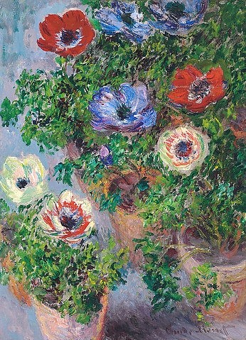 Claude Monet, Anemonen in einer Vase. 1885 (Monet,Claude,1840-1926,Christie's Images Ltd,Öl auf Leinwand,19. Jahrhundert,Stillleben,Impressionismus,? Christie's Images Ltd - ARTOTHEK,Claude Monet,Blumen,Bume,Anemonen,Anemone,Windröschen,rot,blau,von oben,Draufsicht,Blumentopf,Blumentöpfe,Topfpflanz)