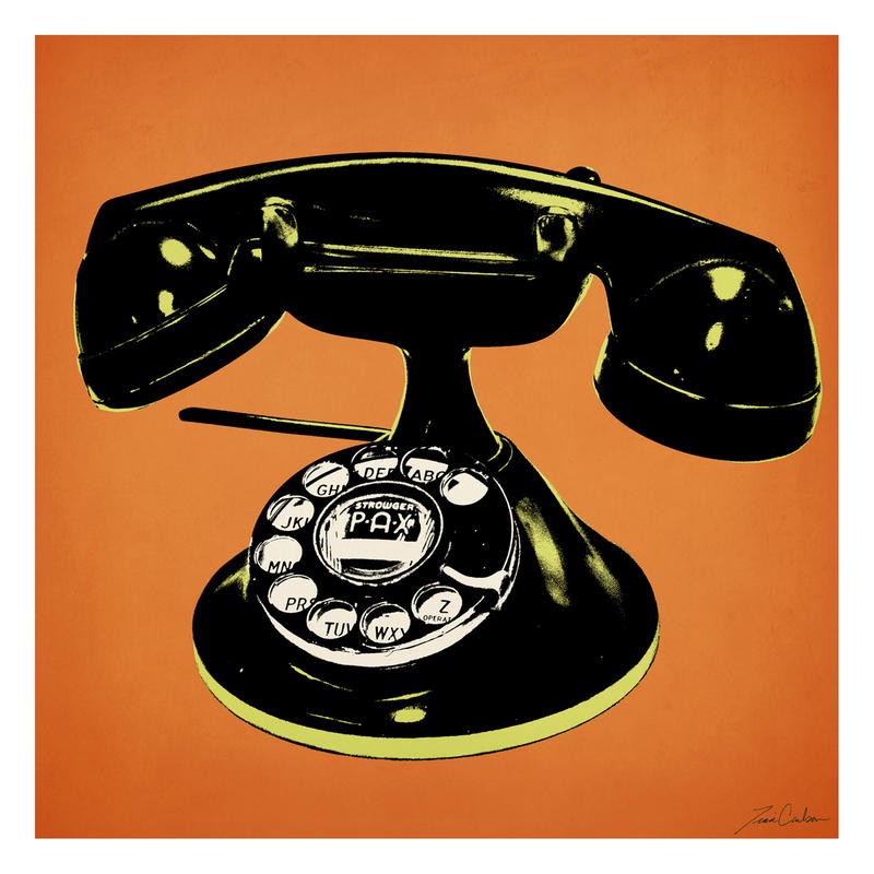Tina Carlson, TELEPHONE ORANGE I (Telefon, historisch, Vintage, Retro, Nostalgie, Pop Art, Grafik, Wunschgröße, Wohnzimmer, Treppenhaus, orange)