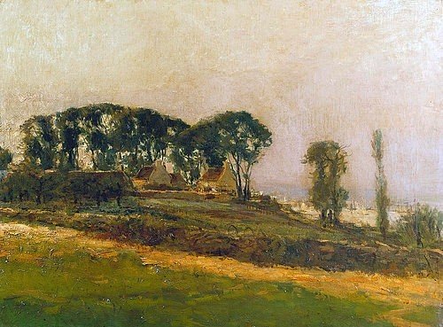 Alfred Sisley, Landschaft. (Sisley,Alfred,1839-1899,Öl auf Leinwand,Privatbesitz,19. Jahrhundert,Impressionismus,? Hans Hinz - ARTOTHEK,Alfred Sisley,Impressionismus,Natur,Bäume,grün,Landschaft,Baumgruppe,Bauernhaus,Bauernhäuser,Wäldchen,Gehölz)