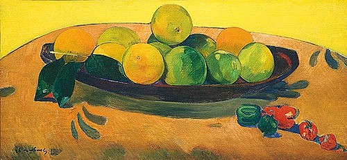Paul Gauguin, Stillleben mit Früchten und Peperoni. 1892 (Gauguin,Paul,1848-1903,Christie's Images Ltd,Öl auf Leinwand,19. Jahrhundert,Stillleben,? Christie's Images Ltd - ARTOTHEK,Paul Gauguin,Tahiti,Südfrüchte,Zitrusfrüchte,Tropenfrüchte,gelb,orange,grün,Limette,Limetten,Schale,Obst,Früchte,Post-Impressionismu)