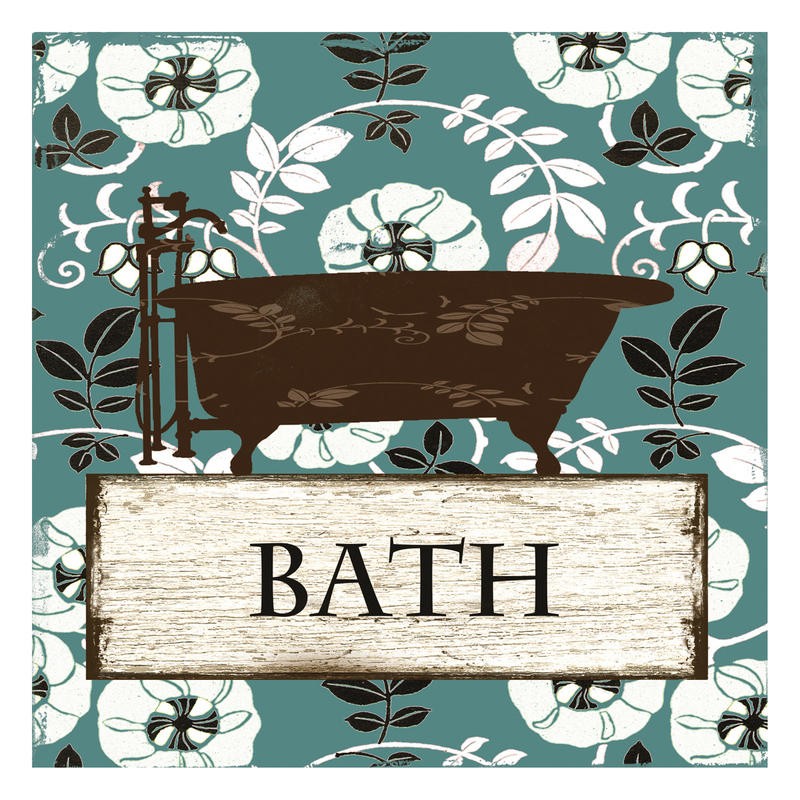 Sheldon Lewis, FLOWER BATH I (Badewanne, Blumenmuster, florale Ornamente, Türschild, Nostalgie, Retro, Badezimmer, Grafik, Wunschgröße, blau/braun)
