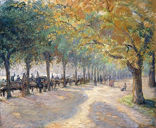 Camille Pissarro, Hyde Park, London. 1890 (Pissarro,Camille,1830-1903,Christie's Images Ltd,Leimfarbe/Papier/Lwd.,19. Jahrhundert,Impressionismus,? Christie's Images Ltd - ARTOTHEK,Camille Pissarro,Herbst,Herbstsonne,Herbstlicht,Allee,Hyde Park,London,impressionistisch,Bäume,Baum,gelb,Herbstlaub,g)