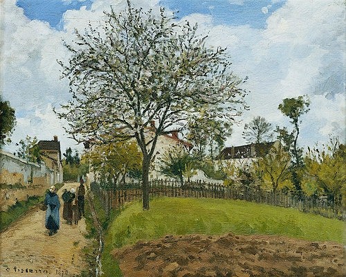 Camille Pissarro, Landschaft in Louveciennes. 1870 (Pissarro,Camille,1830-1903,Christie's Images Ltd,Öl auf Leinwand,19. Jahrhundert,Impressionismus,Camille Pissarro,ländlich,auf dem Land,Zaun,Feld,impressionistisch,Landschaft,Louveciennes,draußen,Baum,Weg,Frauen,Dorf, französischer impressionismus)