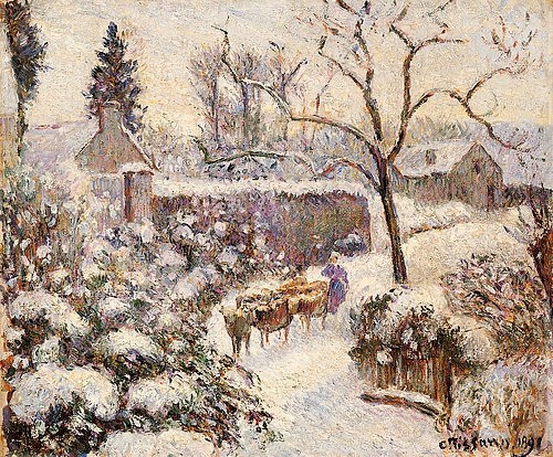 Camille Pissarro, Schnee in Montfoucault. 1891 (Pissarro,Camille,1830-1903,Christie's Images Ltd,Öl auf Leinwand,19. Jahrhundert,Impressionismus,? Christie's Images Ltd - ARTOTHEK,Camille Pissarro,Kühe,Kuhherde,impressionistisch,Montfoucault,Straße,Schnee,schneien,Winter,verschneit,Schneestück,Dorfstra)