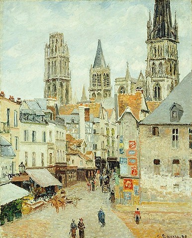 Camille Pissarro, Rue de L'Epicerie in Rouen an einem bedeckten Morgen. 1898 (Pissarro,Camille,1830-1903,Christie's Images Ltd,Öl auf Leinwand,19. Jahrhundert,Impressionismus,? Christie's Images Ltd - ARTOTHEK,Camille Pissarro,Architektur,Kirche,Kathedrale,Stadt,Stadtleben,Stadtansicht,Straße,Rouen,Stadtbild,Geschäfte,Kleinstadt, f)
