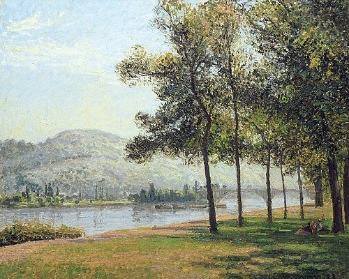 Camille Pissarro, Le Cours-La-Reine in Rouen bei Morgenlicht. 1898 (Pissarro,Camille,1830-1903,Christie's Images Ltd,Öl auf Leinwand,19. Jahrhundert,Impressionismus,? Christie's Images Ltd - ARTOTHEK,Camille Pissarro,Landschaft,Bäume,Ufer,Frankreich,Fluss,Flussufer,Vordergrund,Hintergrund,impressionistisch, französischer)