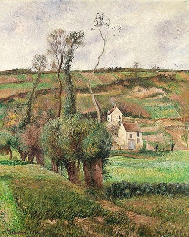 Camille Pissarro, Die Kohlfelder in Pontoise. 1882 (Pissarro,Camille,1830-1903,Christie's Images Ltd,Öl auf Leinwand,19. Jahrhundert,Impressionismus,Landschaft,Camille Pissarro,Gemüseanbau,Kohlfeld,Kohfelder,Kohl,Gemüse,Feld,Felder,ländlich,Bauernhäuser,Hügel,Landschaft,Pontoise,Baum,Bäume, französischer i)