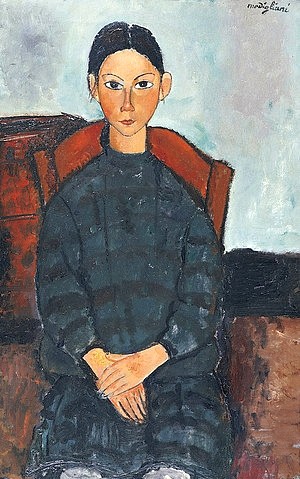 Amadeo Modigliani, Junges Mädchen mit einem dunklen Kleid. 1918 (Modigliani,Amadeo,1884-1920,Christie's Images Ltd,Öl auf Leinwand,20. Jahrhundert,Amedeo Modigliani,modern,Portrait,Mädchen,Heranwachsende,sitzen,Sitzende,streng,frontal)