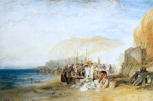 Joseph Mallord William Turner, Hastings: Frühmorgendlicher Fischmarkt am Strand. 1822 (Turner,Joseph Mallord William,1775-1851,Christie's Images Ltd,Wasserfarbe und Bleistift,19. Jahrhundert,gehöht mit Gouache,Turner, Joseph Mallord William,Fisch,Markt,Ufer,Meer,Britisch,England,bei der Arbeit,Fischmarkt,Strand,Morgen,Morgenstimmung)