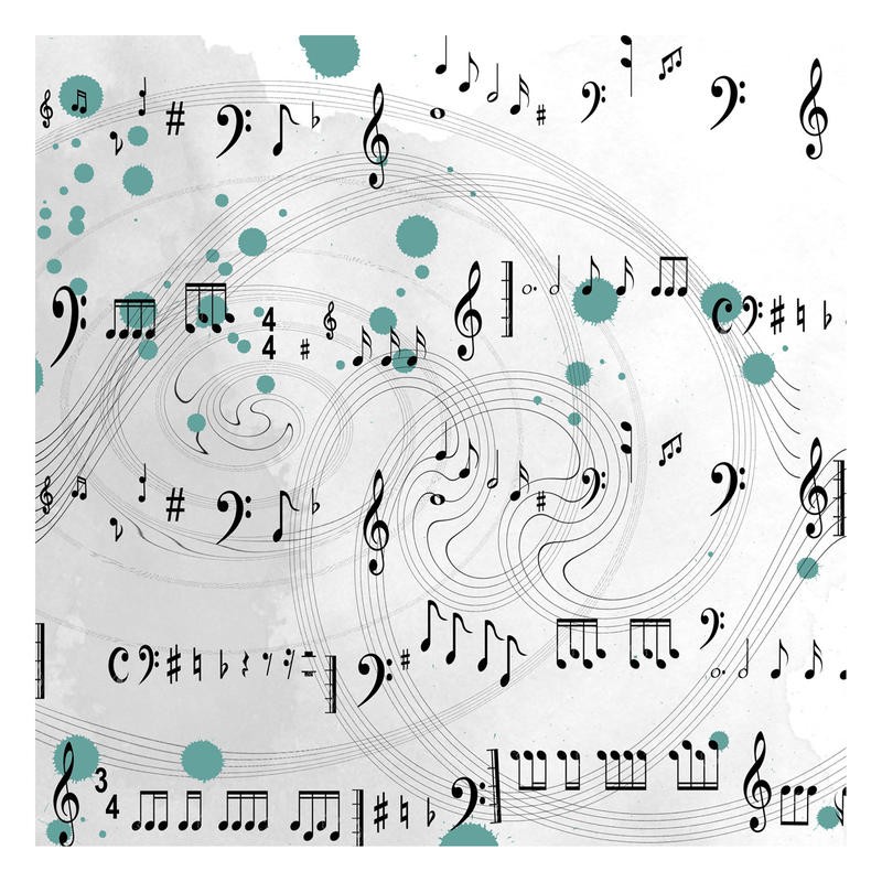 Sheldon Lewis, MUSIC WITH A DIFFERENCE II (Noten, Notenschlüssel, Schwingungen, Musik, Musikzimmer, Treppenhaus, Wohnzimmer, Grafik, Wunschgröße, schwarz/weiß/blau)