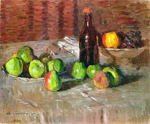 Alexej von Jawlensky, Stillleben mit Äpfeln und Flasche. Um 1905 (Klassische Moderne,  Expressionismus, Stillleben, Äpfel, Obst, Obstschale, Malerei, Esszimmer, Wohnzimmer, Treppenhaus, bunt)