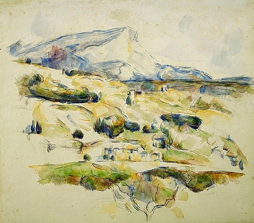 Paul Cézanne, Der Mont Saint Victoire von Lauves aus gesehen (La Montagne Sainte Victoire Vue des Lauves). Um 1902-06 (Cézanne,Paul,1839-1906,Christie's Images Ltd,Wasserfarben/Papier,19. Jahrhundert,20. Jahrhundert,Cezanne,Paul,Mont Saint Victoire,Landschaft,Natur,Frankreich,Impressionismus,Berg,Horizont,grün)