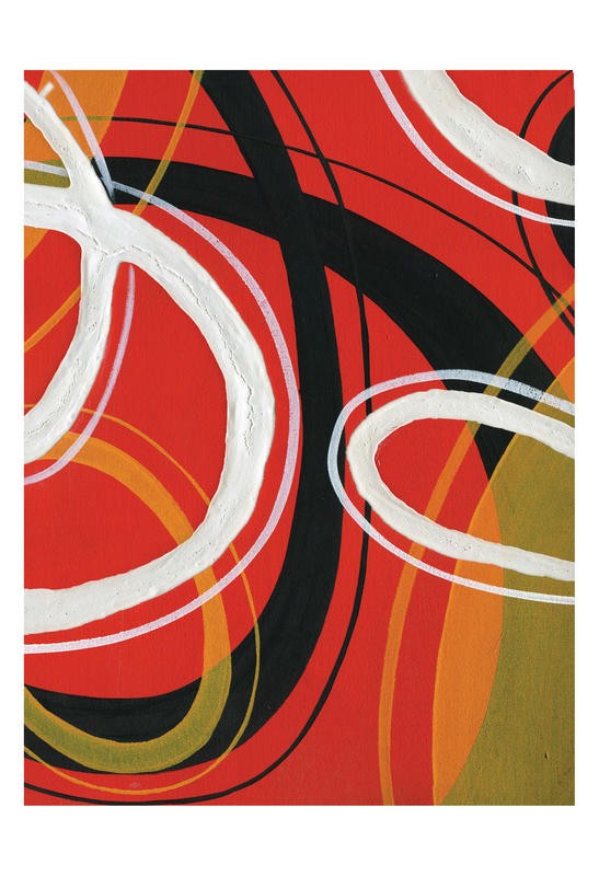 A Ruiz, RED CIRCLES I (Abstrakt, abstrakte Malerei, Kreise, Linien, Schwung, Dynamik, Bewegung, Wohnzimmer, Treppenhaus, Büro, Wunschgröße, Malerei, rot/bunt)