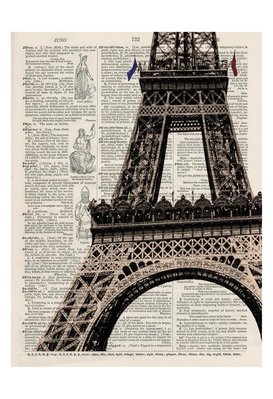 Tina Carlson, SHOWPLACE II (Zeitung, Buchseite, Lexikon, Eiffelturm, Paris, Sehenswürdigkeit, Architektur, Grafik, Wunschgröße, Wohnzimmer, Treppenhaus, schwarz/weiß/sepia)