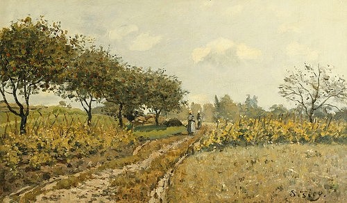 Alfred Sisley, Feldweg auf dem Land (Le Chemin dans la Campagne). 1876 (Landschaft, Landschaftsmalerei, Sommer, Feld, Weg,Obstbäume,  Frankreich, Idylle, Wohnzimmer, Treppenhaus, Impressionismus, Klassische Moderne, Malerei, Wunschgröße, bunt)