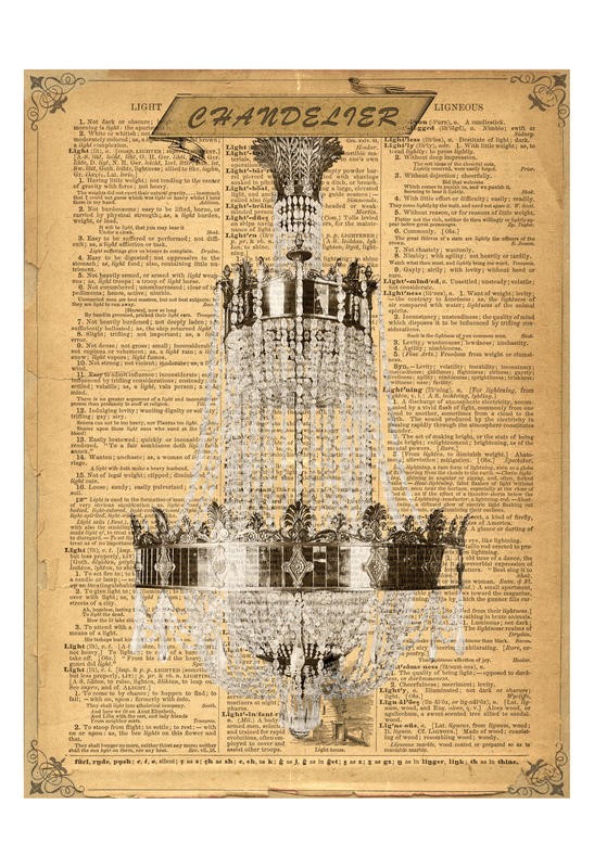 Tina Carlson, CHANDELIER (Zeitung, Buchseite, Lexikon, Leuchter, Chandelaber, Kronleuchter, Retro, Vintage, Studie, Grafik, Wunschgröße, Wohnzimmer, Treppenhaus, schwarz/weiß/sepia)