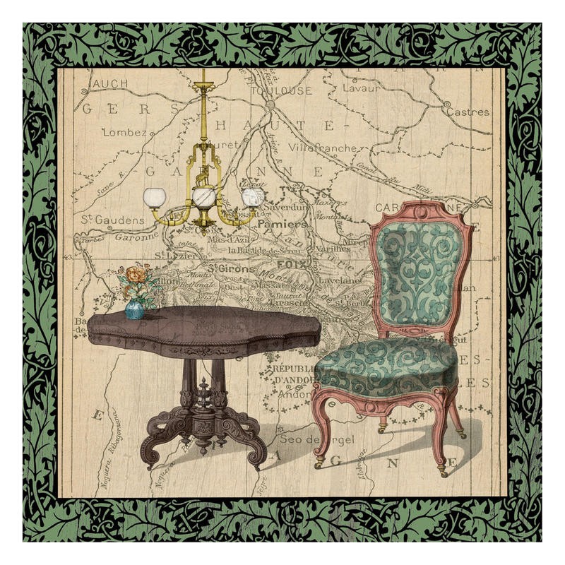 Tina Carlson, CHAIR VIGNETTE (Geografische Karte, Landkarte, Frankreich, Retro, Vintage, Möbel, Tisch, Sessel,  historisch, Grafik, Wunschgröße, Wohnzimmer, Treppenhaus, bunt)