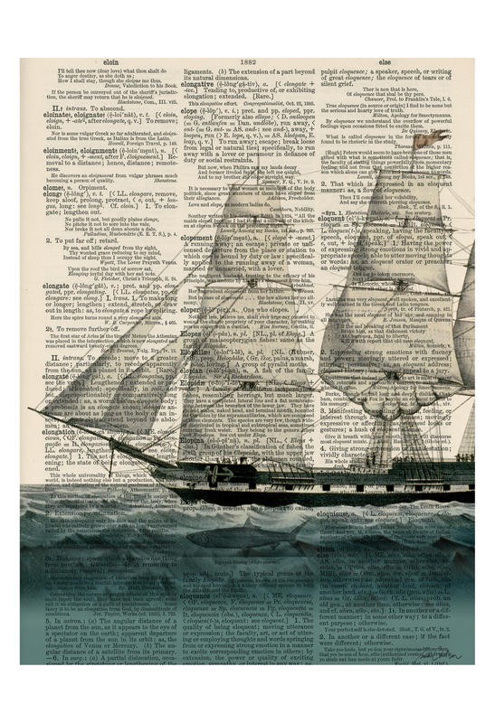 Tina Carlson, SHIP I (Zeitung, Buchseite, Lexikon, Segelboot, Meerebrise, Meer, Nostalgie, Grafik, Wunschgröße, Wohnzimmer, Treppenhaus, schwarz/weiß/sepia/blau)