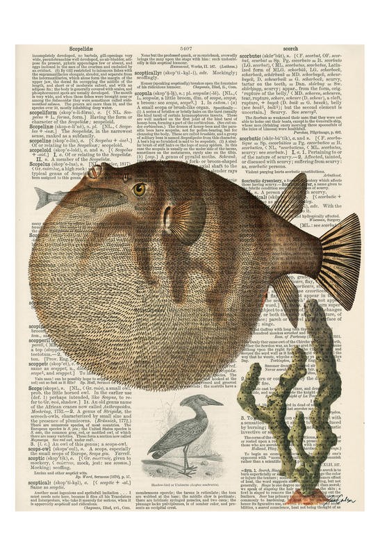 Tina Carlson, SERIES NEWSPAPER II (Zeitung, Buchseite, Lexikon, Fisch, Kugelfisch, Studie, Tierportrait, Grafik, Wunschgröße, Wohnzimmer, Treppenhaus, schwarz/weiß/bunt)