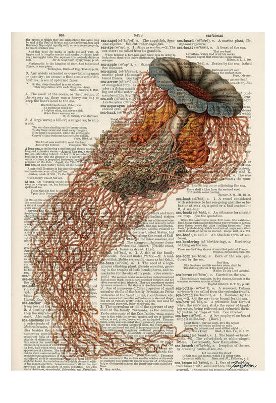 Tina Carlson, SERIES NEWSPAPER III (Zeitung, Buchseite, Lexikon, Meerestier, Qualle, Studie, Grafik, Wunschgröße, Wohnzimmer, Treppenhaus, schwarz/weiß/bunt)