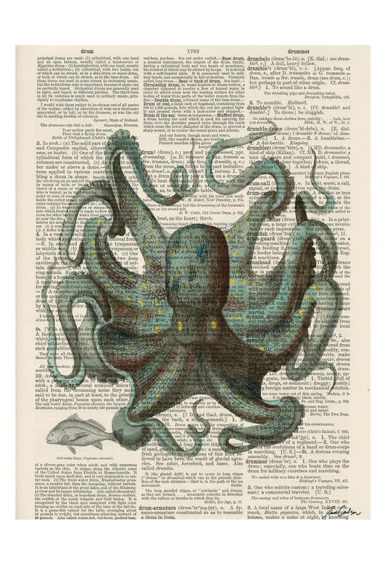 Tina Carlson, SERIES NEWSPAPER V (Zeitung, Buchseite, Lexikon, Meerestier, Krake, Tintenfisch, Studie, Grafik, Wunschgröße, Wohnzimmer, Treppenhaus, schwarz/weiß/bunt)