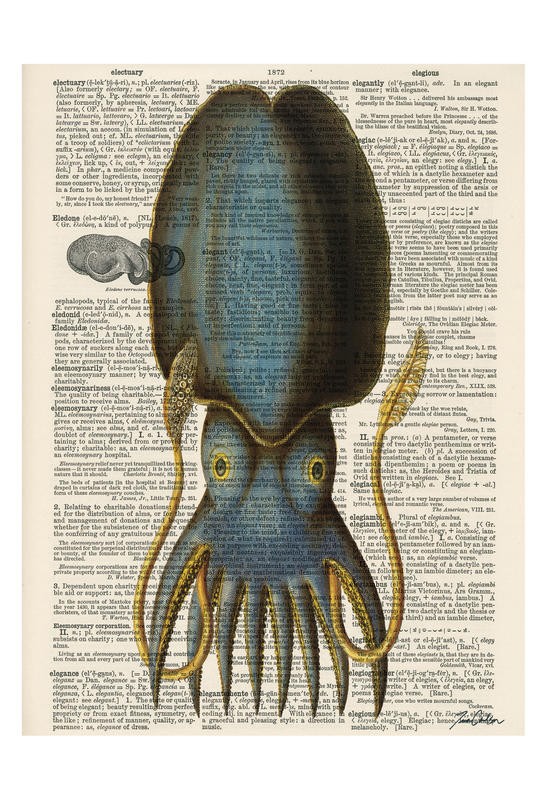 Tina Carlson, SERIES NEWSPAPER VII (Zeitung, Buchseite, Lexikon, Meerestier, Sepia, Tintenfisch, Studie, Grafik, Wunschgröße, Wohnzimmer, Treppenhaus, schwarz/weiß/bunt)
