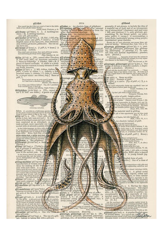 Tina Carlson, SERIES NEWSPAPER VIII (Zeitung, Buchseite, Lexikon, Meerestier, Sepia, Tintenfisch, Studie, Grafik, Wunschgröße, Wohnzimmer, Treppenhaus, schwarz/weiß/bunt)