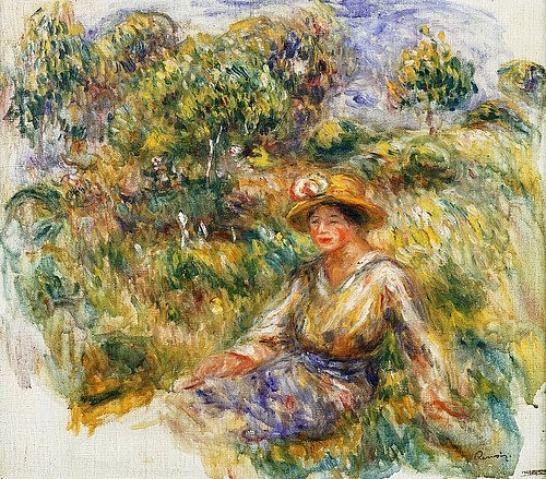 Pierre-Auguste Renoir, Frau mit blauem Hut auf einer Wiese (Femme en bleu en chapeau assise sur l'herbe). Um 1916 (Frau, sonnen, Sommer, Garten, Freizeit, Entspannen, Genießen, Impressionismus, klassische Moderne, Wunschgröße, Wohnzimmer, Malerei)