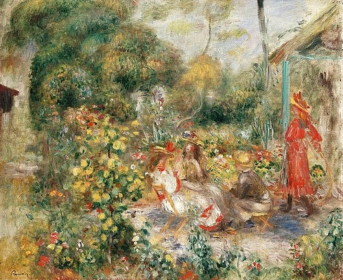 Pierre-Auguste Renoir, Mädchen in einem Garten in Montmartre. Um 1893-95 (Garten, Mädchen, Sommer, Blumen, Blüten, Paris, Montmartre, Impressionismus, klassische Moderne, Wunschgröße, Wohnzimmer, Malerei)
