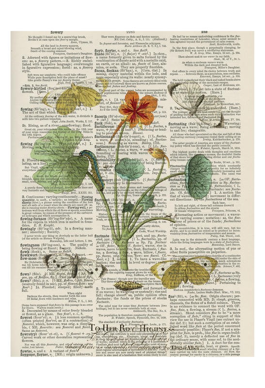 Tina Carlson, ROYAL FLOWER III (Zeitung, Buchseite, Lexikon, Kresse, Kapuzinerkresse, Blume, Blüten, Botanik, Schmetterlinge, Studie, Grafik, Wunschgröße, Wohnzimmer, Treppenhaus, schwarz/weiß/bunt)