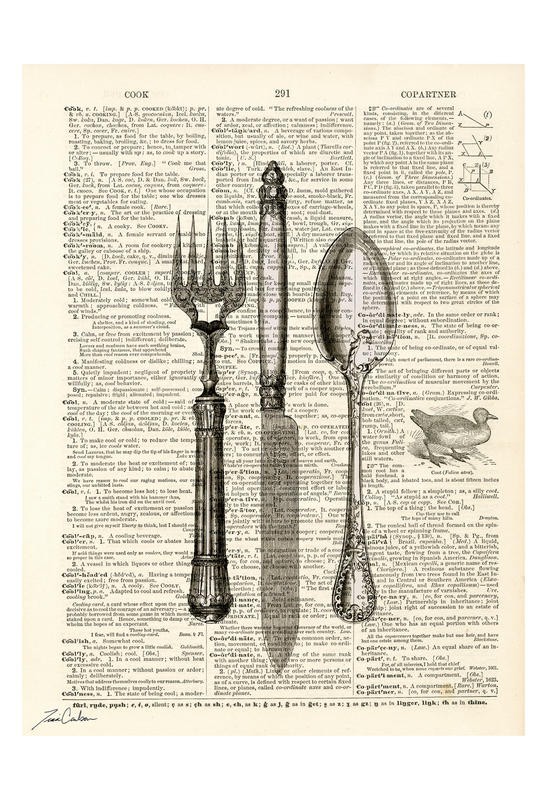 Tina Carlson, UTENSILS II (Zeitung, Buchseite, Lexikon, Besteck, Messer, Gabel, Löffel, Nostalgie,Grafik, Wunschgröße, Wohnzimmer, Treppenhaus, schwarz/weiß/sepia)