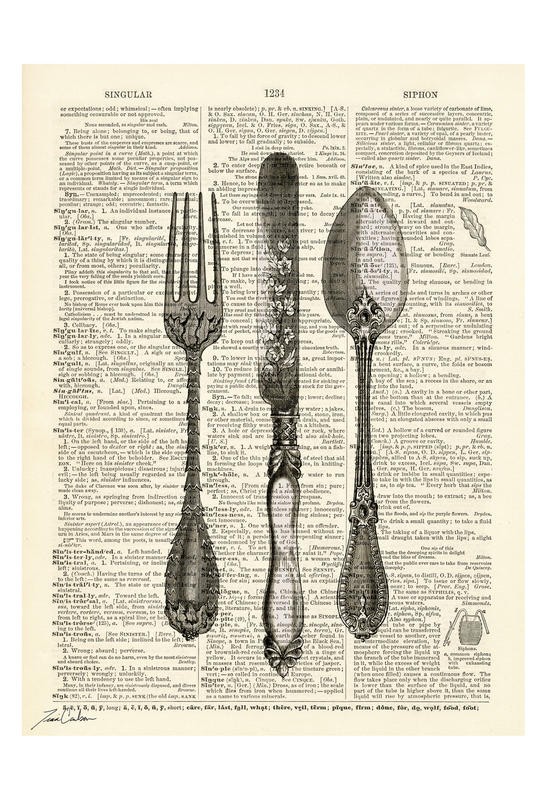 Tina Carlson, UTENSILS III (Zeitung, Buchseite, Lexikon, Besteck, Nostalgie, Messer, Gabel, Löffel, Studie, Grafik, Wunschgröße, Wohnzimmer, Treppenhaus, schwarz/weiß/bunt)