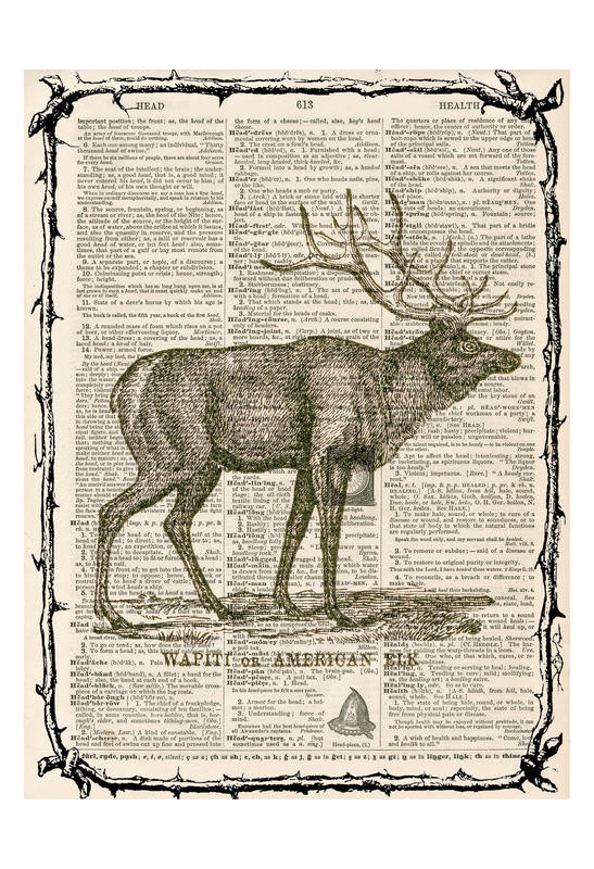 Tina Carlson, ELK I (Zeitung, Buchseite, Lexikon, Tier, Wild, Hirsch, Geweih, Wapiti, Studie, Grafik, Wunschgröße, Wohnzimmer, Treppenhaus, schwarz/weiß/sepia)