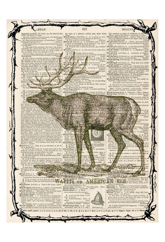 Tina Carlson, ELK II (Zeitung, Buchseite, Lexikon, Tier, Wild, Hirsch, Geweih, Wapiti, Studie, Grafik, Wunschgröße, Wohnzimmer, Treppenhaus, schwarz/weiß/sepia)